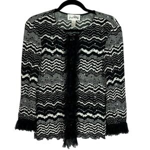 Joseph Ribkoff Chic Textured Sequins Full Zip Tulle Trim Cardigan Size 8 Black